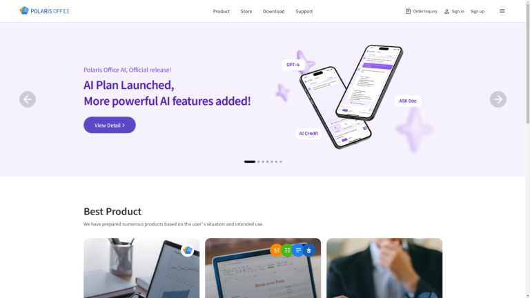 Capture d'écran de la page du site de Polaris Office AI