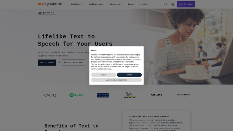 Capture d'écran de la page du site de Readspeaker