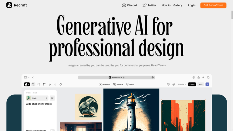 Capture d'écran de la page du site de Recraft