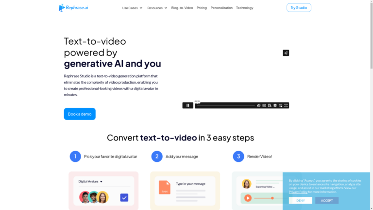 Capture d'écran de la page du site de Rephrase AI