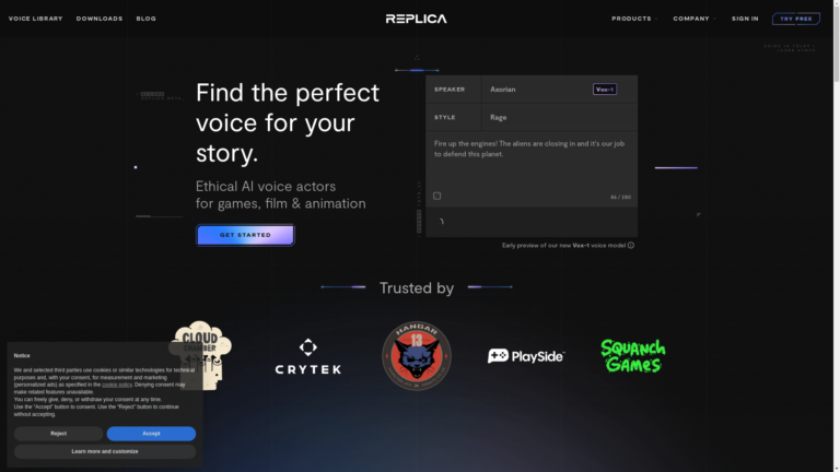 Capture d'écran de la page du site de Replicastudios