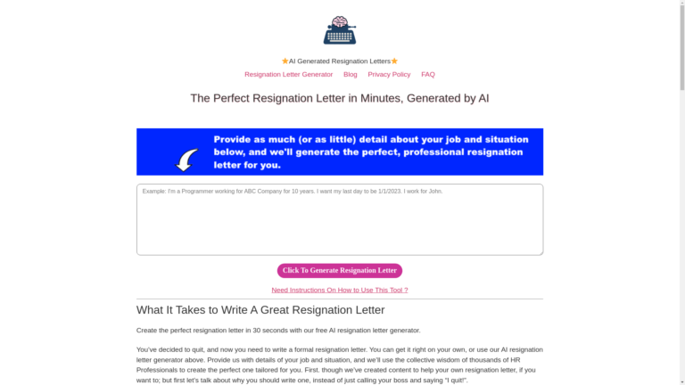 Capture d'écran de la page du site de Resign.ai
