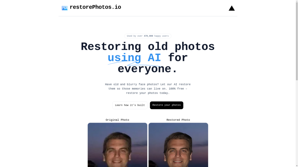 Capture d'écran de la page du site de RestorePhotos