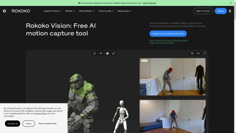 Capture d'écran de la page du site de Rokoko Video