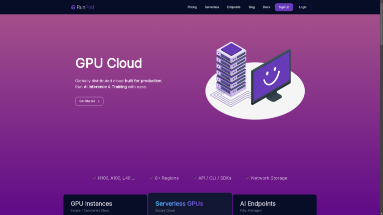 Capture d'écran de la page du site de RunPod