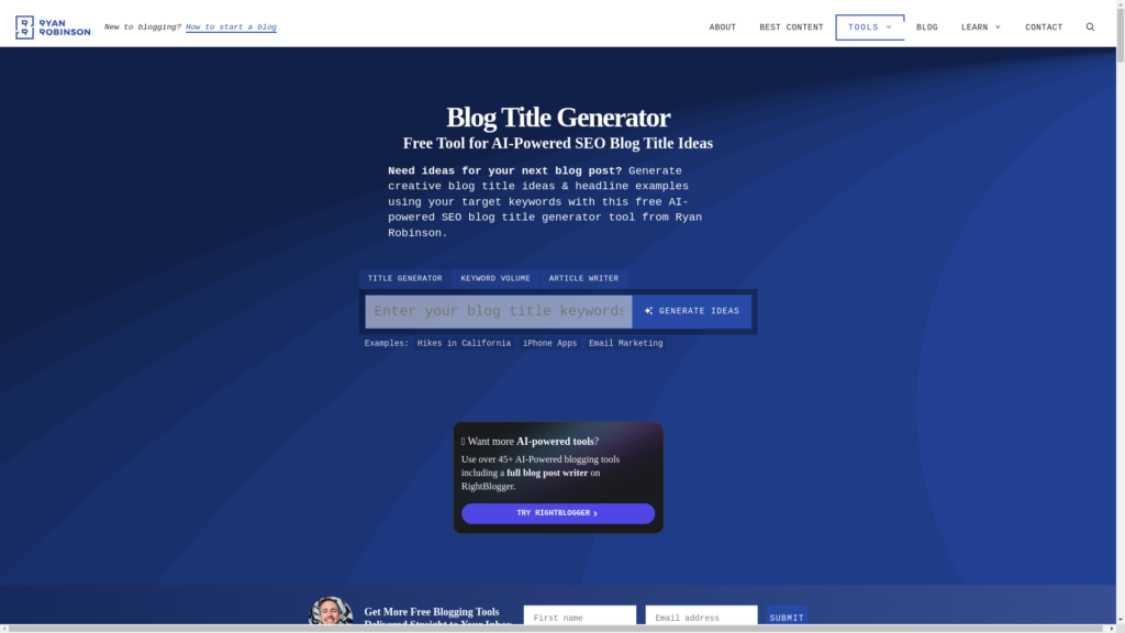 Capture d'écran de la page du site de Blog Title Generator