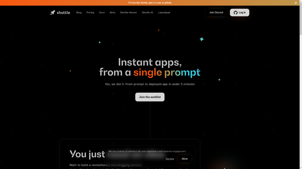 Capture d'écran de la page du site de Shuttle
