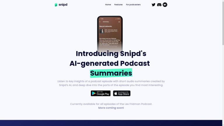 Capture d'écran de la page du site de Snipd