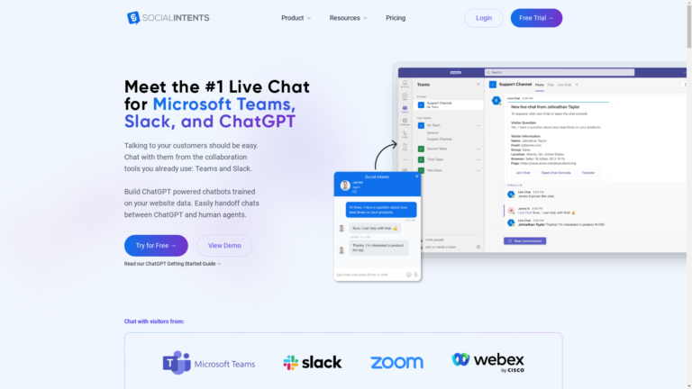 Capture d'écran de la page du site de Social Intents