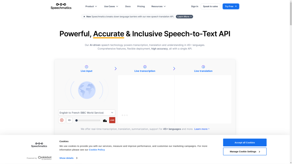 Capture d'écran de la page du site de Speechmatics