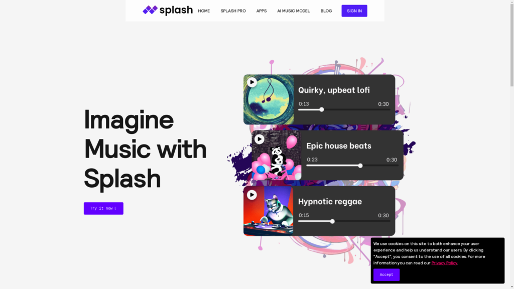 Capture d'écran de la page du site de Splashmusic