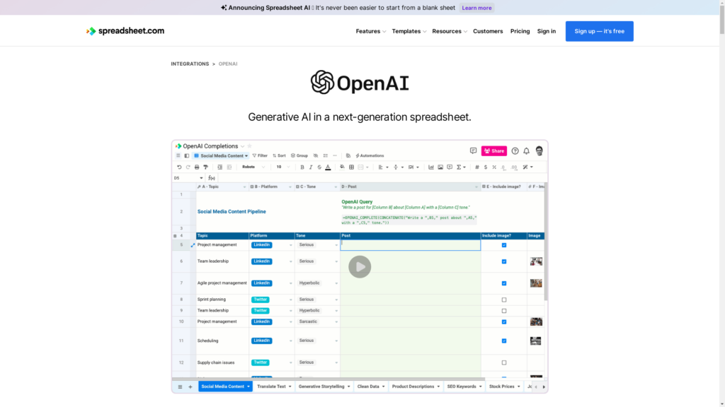 Capture d'écran de la page du site de OpenAI in Spreadsheet