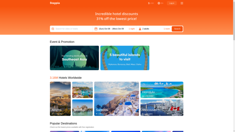 Capture d'écran de la page du site de Staypia