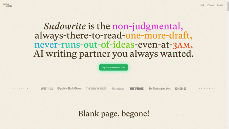 Capture d'écran de la page du site de Sudowrite
