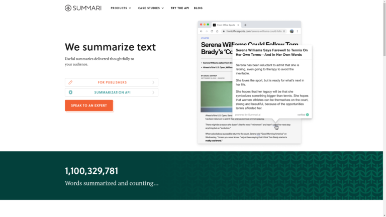Capture d'écran de la page du site de Summari