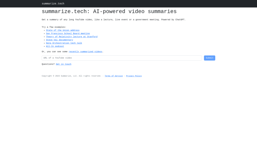 Capture d'écran de la page du site de Summarize Tech