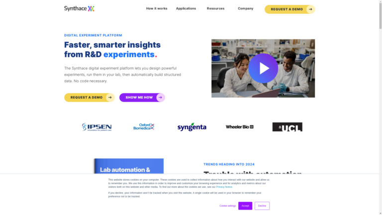 Capture d'écran de la page du site de Synthace