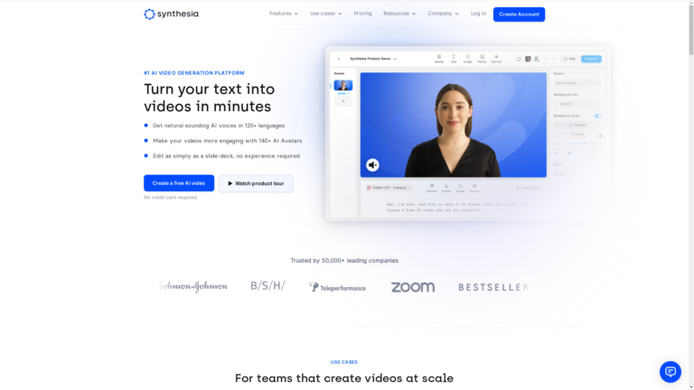 Capture d'écran de la page du site de Synthesia
