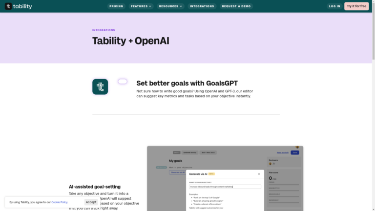 Capture d'écran de la page du site de Tability