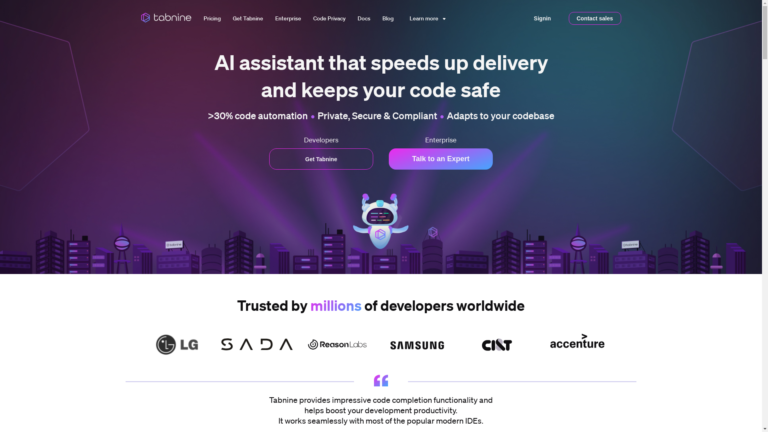Capture d'écran de la page du site de Tabnine