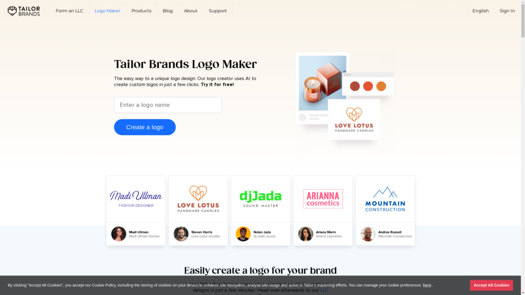 Capture d'écran de la page du site de Tailor Brands