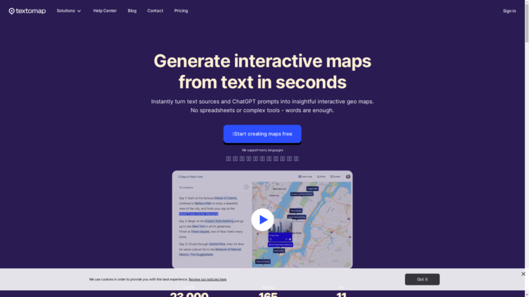 Capture d'écran de la page du site de Textomap