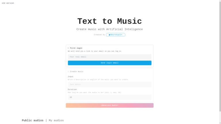 Capture d'écran de la page du site de Texttomusic