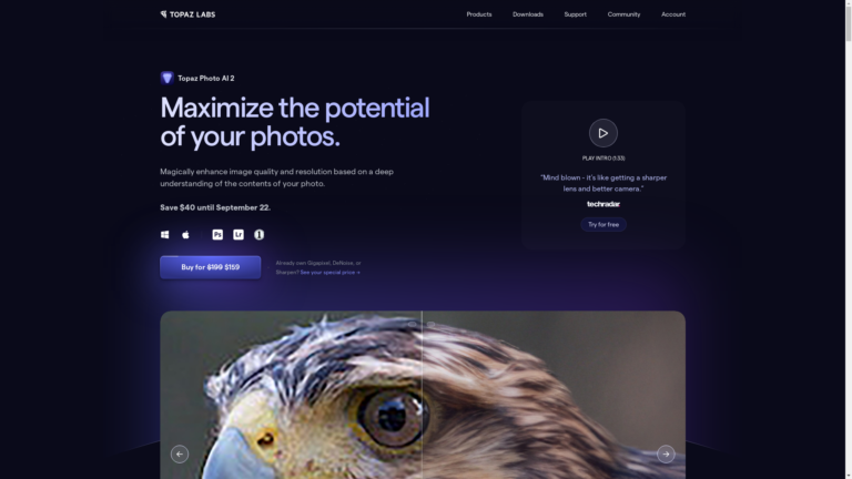 Capture d'écran de la page du site de Topaz Photo AI