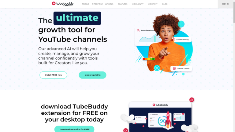 Capture d'écran de la page du site de TubeBuddy