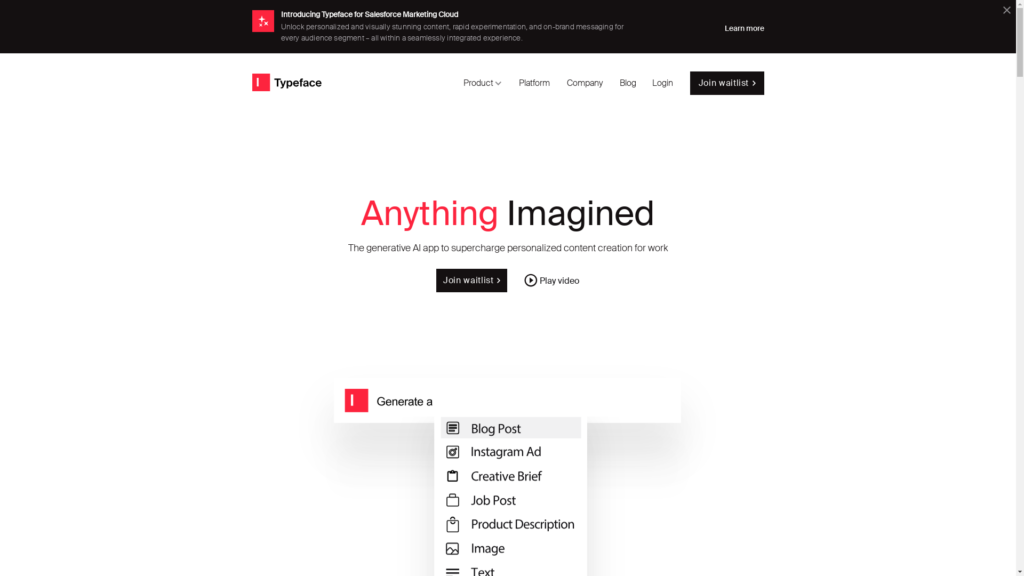 Capture d'écran de la page du site de Typeface