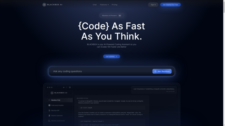 Capture d'écran de la page du site de BlackBox AI