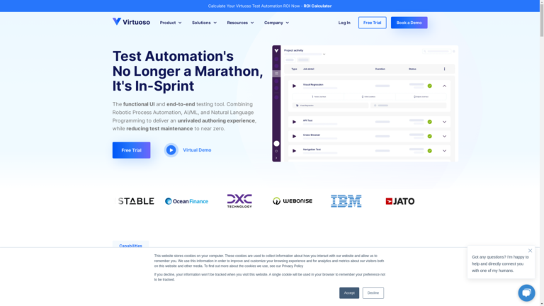Capture d'écran de la page du site de Virtuoso QA