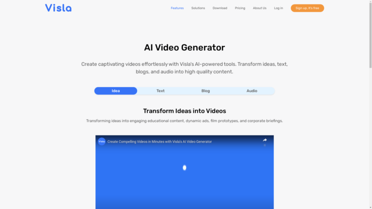 Capture d'écran de la page du site de Visla