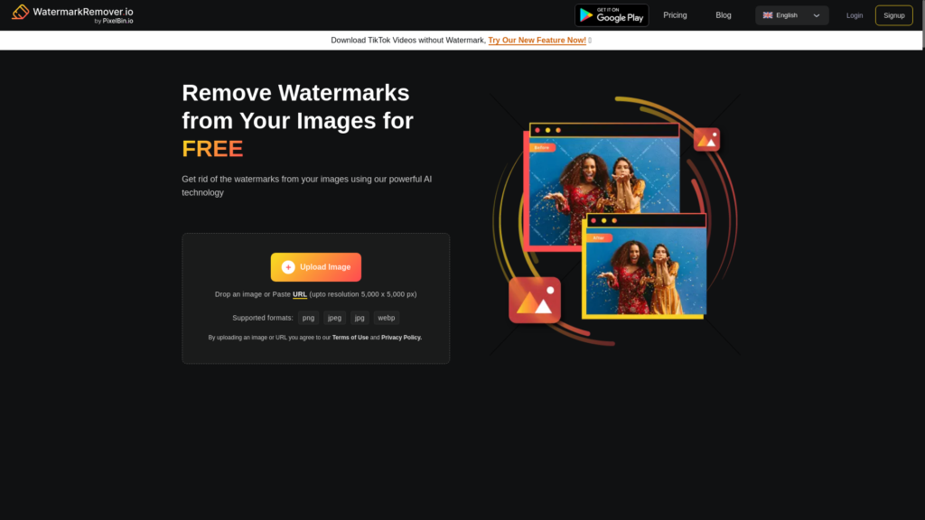 Capture d'écran de la page du site de WatermarkRemover.io