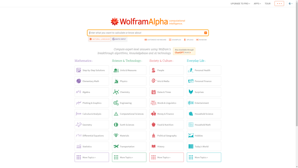 Capture d'écran de la page du site de WolframAlpha