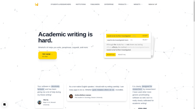 Capture d'écran de la page du site de Writefull