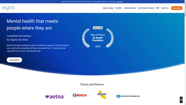 Capture d'écran de la page du site de Wysa