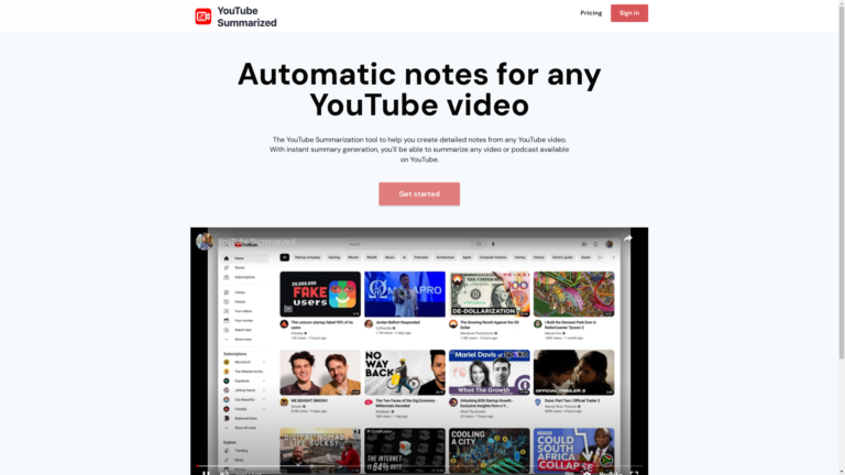 Capture d'écran de la page du site de YouTube Summarized