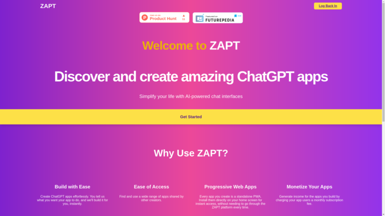 Capture d'écran de la page du site de ZAPT