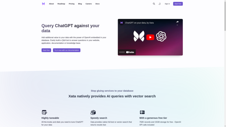 Capture d'écran de la page du site de Xata