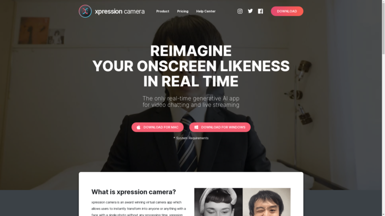 Capture d'écran de la page du site de Xpression Camera